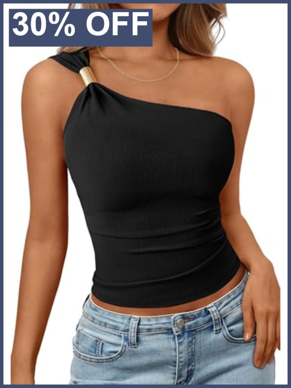 Stretchy Ribbed One Shoulder Sleeveless Tank Top with Gold-Tone Metal Accent |